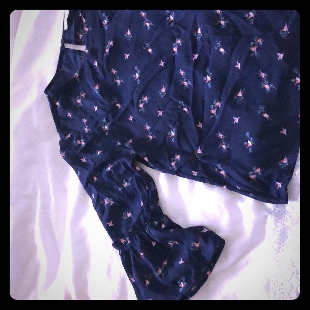 Summer navy blouse w birds and floral fabric